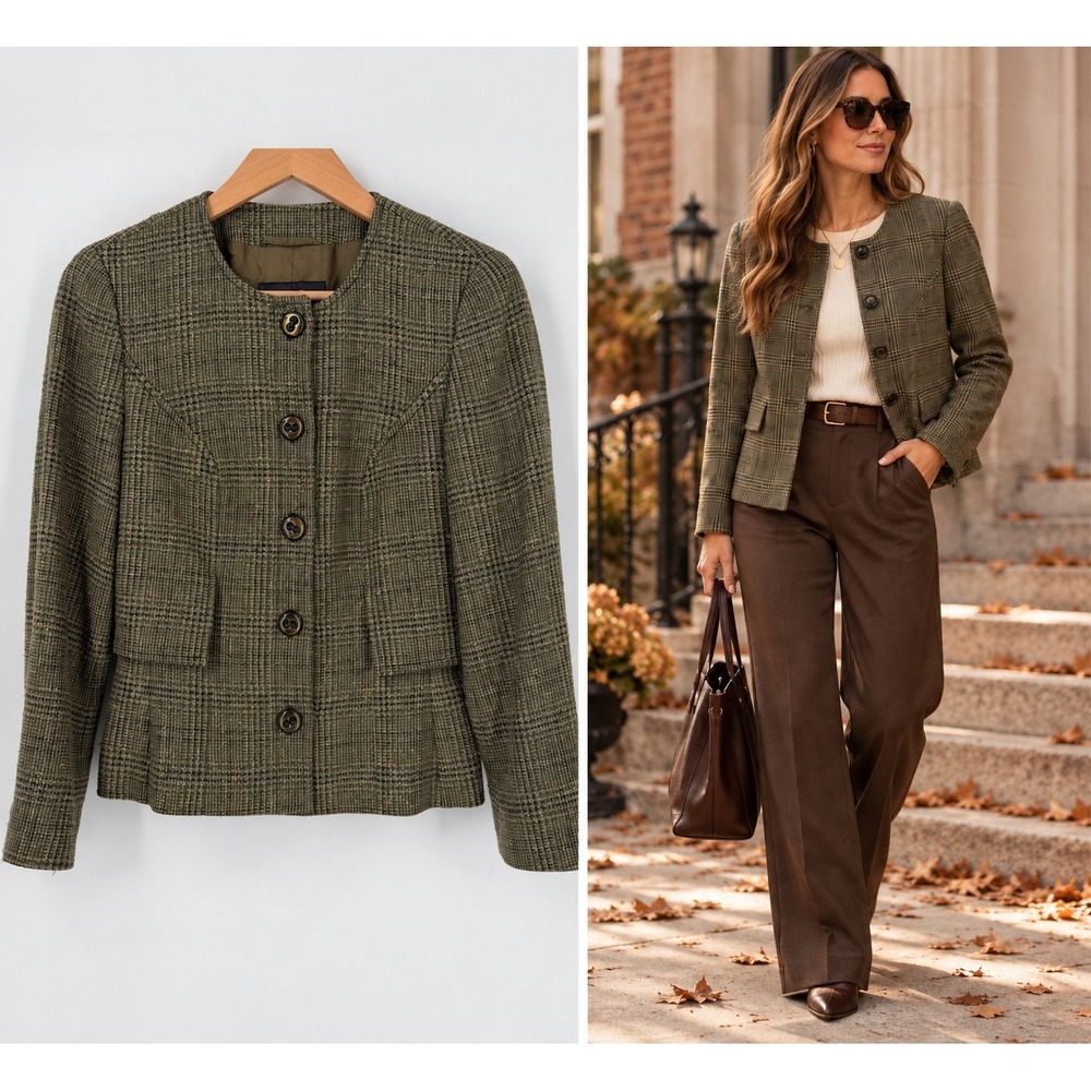 Escada Green Plaid Wool Silk Tweed Collarless Blazer Jacket Size 34